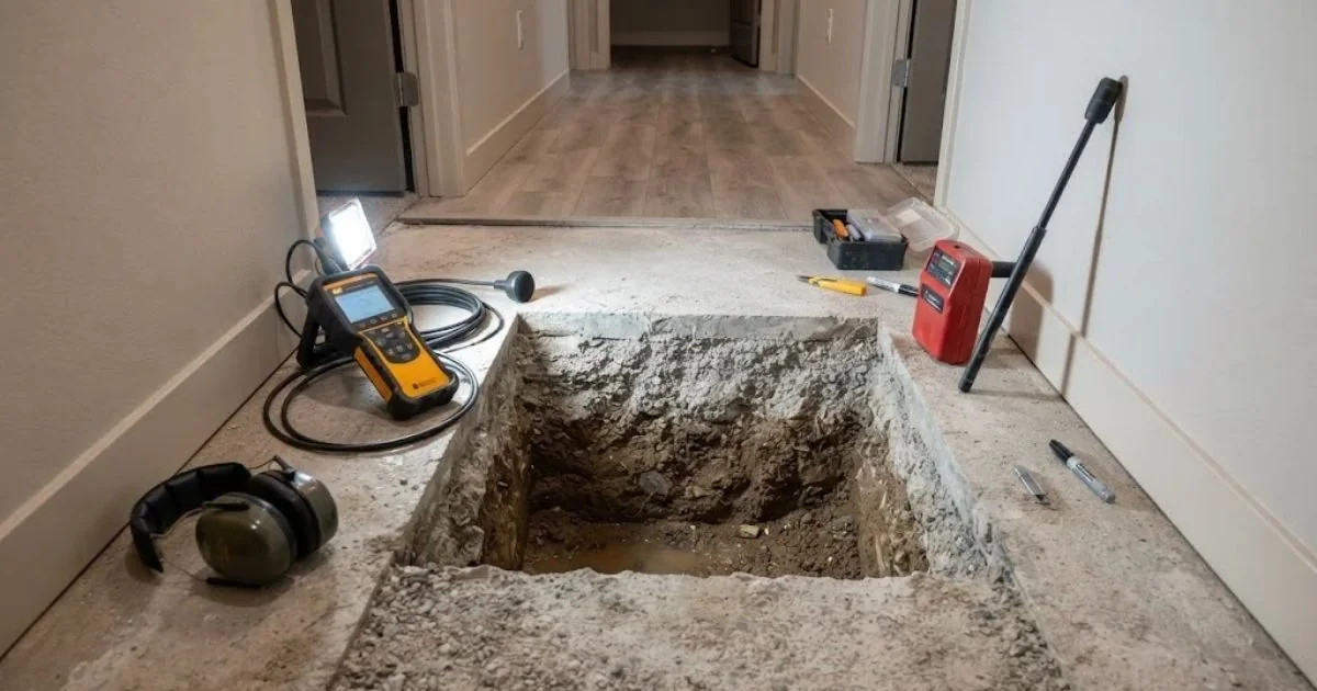 Opened slab with locating equipment after a slab leak